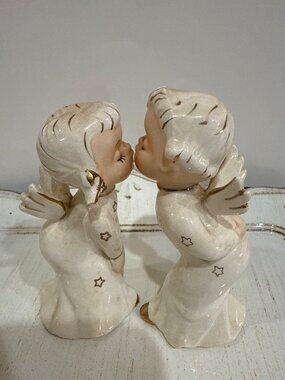 Vintage Neiman Marcus Japan Ceramic Angel Figurine Pair Hand-Painted Gold Accent